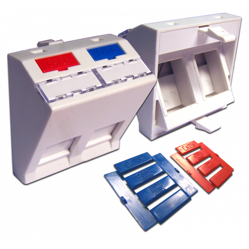 45x45 insert for 2 Keystones, angled, with shutter, labels and icons, white